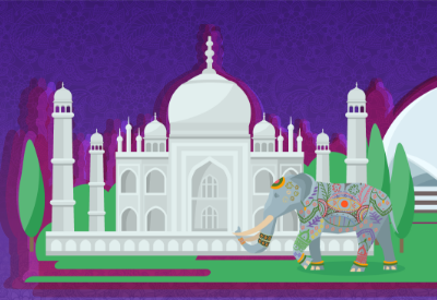 A graphic with Taj Mahal and a profile of a decorated elephant