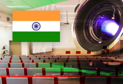 A lecture hall and the Indian flag