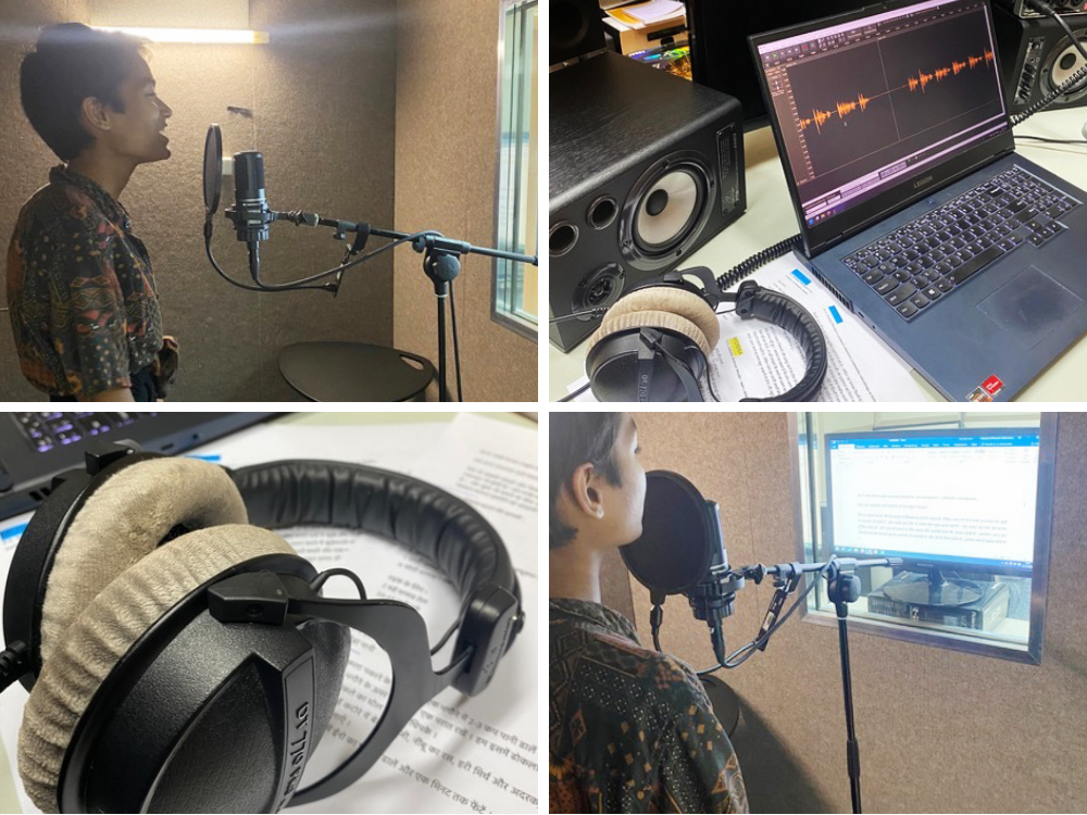 a collage of four photos from a recording session – two views of the native Hindi teacher in front of the microphone, a part of the recording studio, big headphones