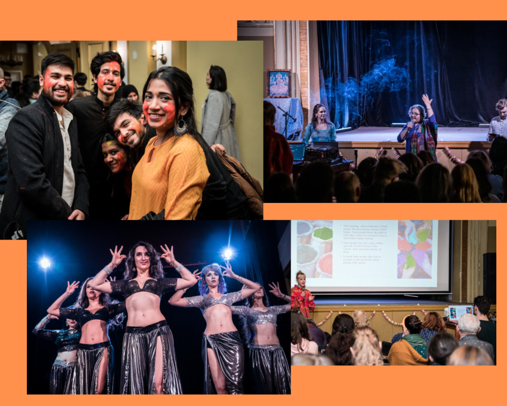 A collage of four photos:
1: Five young people with coloured faces,
2: Professor Monika Browarczyk is making a speech to the audience,
3. Five young ladies dancing 
4: A multimedia presentation for the audience
