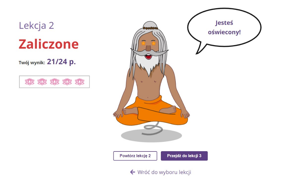 In the middle: The Yogi.
On his left: text Lesson 2, Passed, Your score 21/24 points.
on the right: a text in a speech bubble "You are anlightened".
Underneath: buttons redirecting to repetition and other lesson
