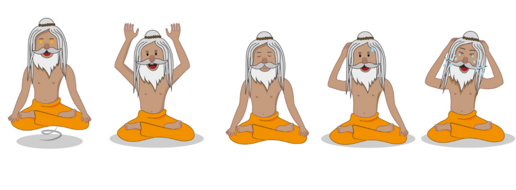 Pięć wersji jogina, każdy pokazuje inne emocje lub stan
