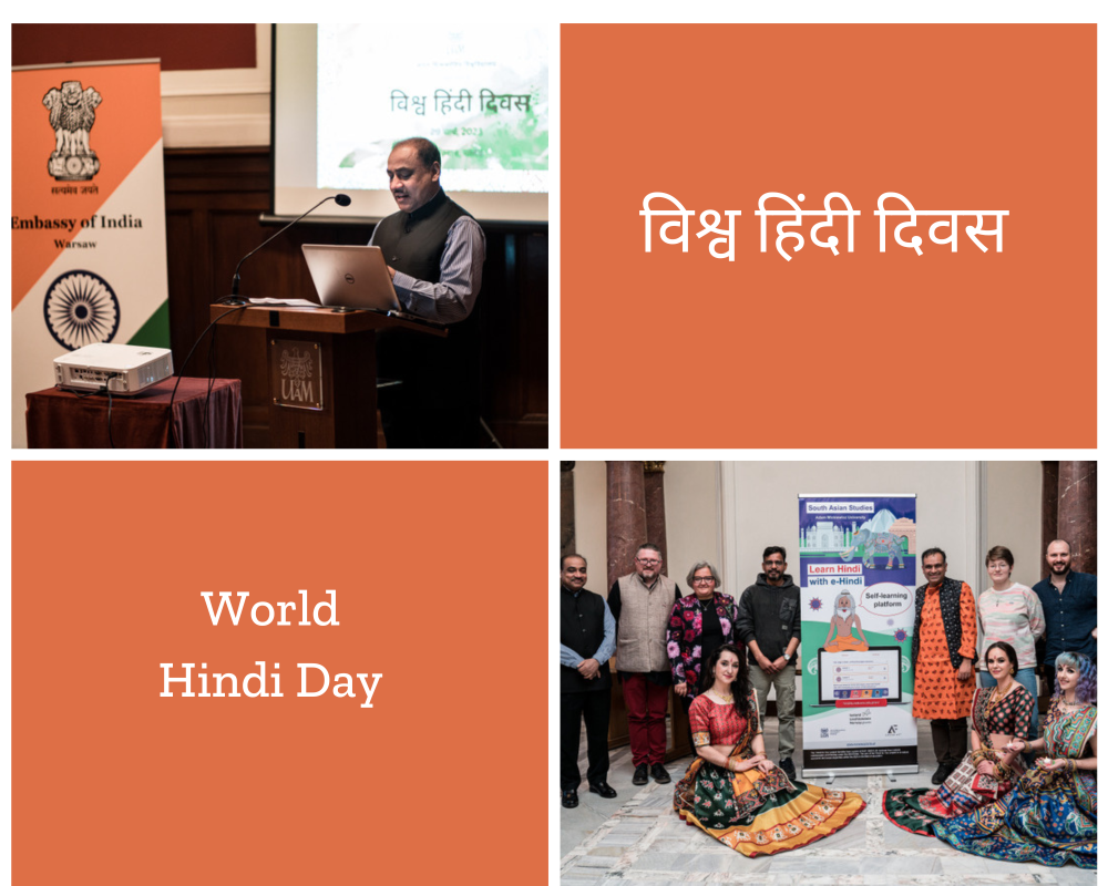 A collage of two photos. In the first, the Consul S.K. Ray is giving a speech, in the second, ten paricipants of the World Hindi Day by an advertising stand of e-hindi platform.