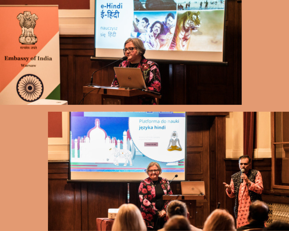 A collage of two photos of Monika Browarczyk and Mandar Purandare giving a presentation of the e-Hindi platfrm