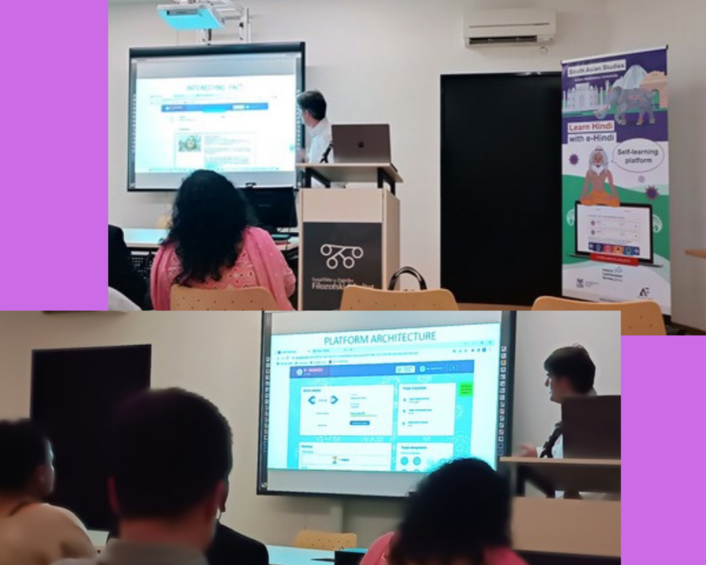 A collage of two photos: Presentation of the website of the platform in a lecture room, on the right there is a banner advertising the platform