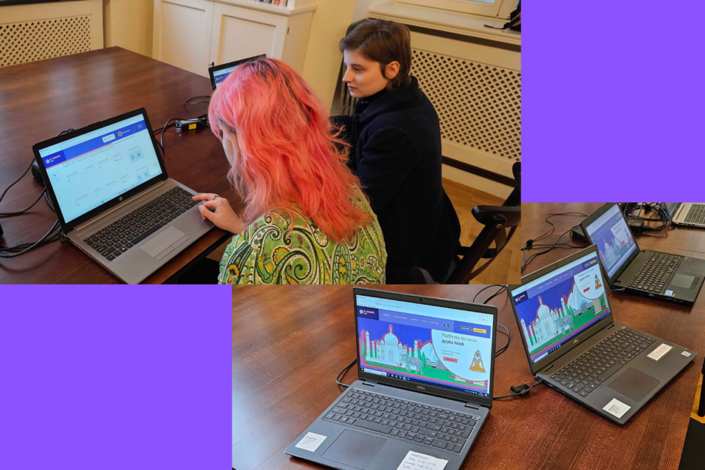 A collage of two photos. In the first, two participants of the event are testing the platform. In the second, three open laptops with the cover page on display