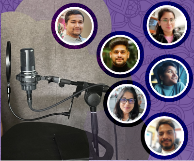 A professional microphone of a recording studio and faces of six lectors